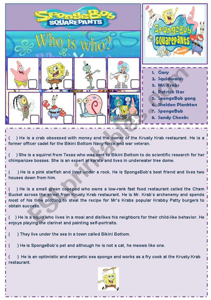 Cartoon Series 2 - SpongeBob SquarePants (2 pages + answer key)