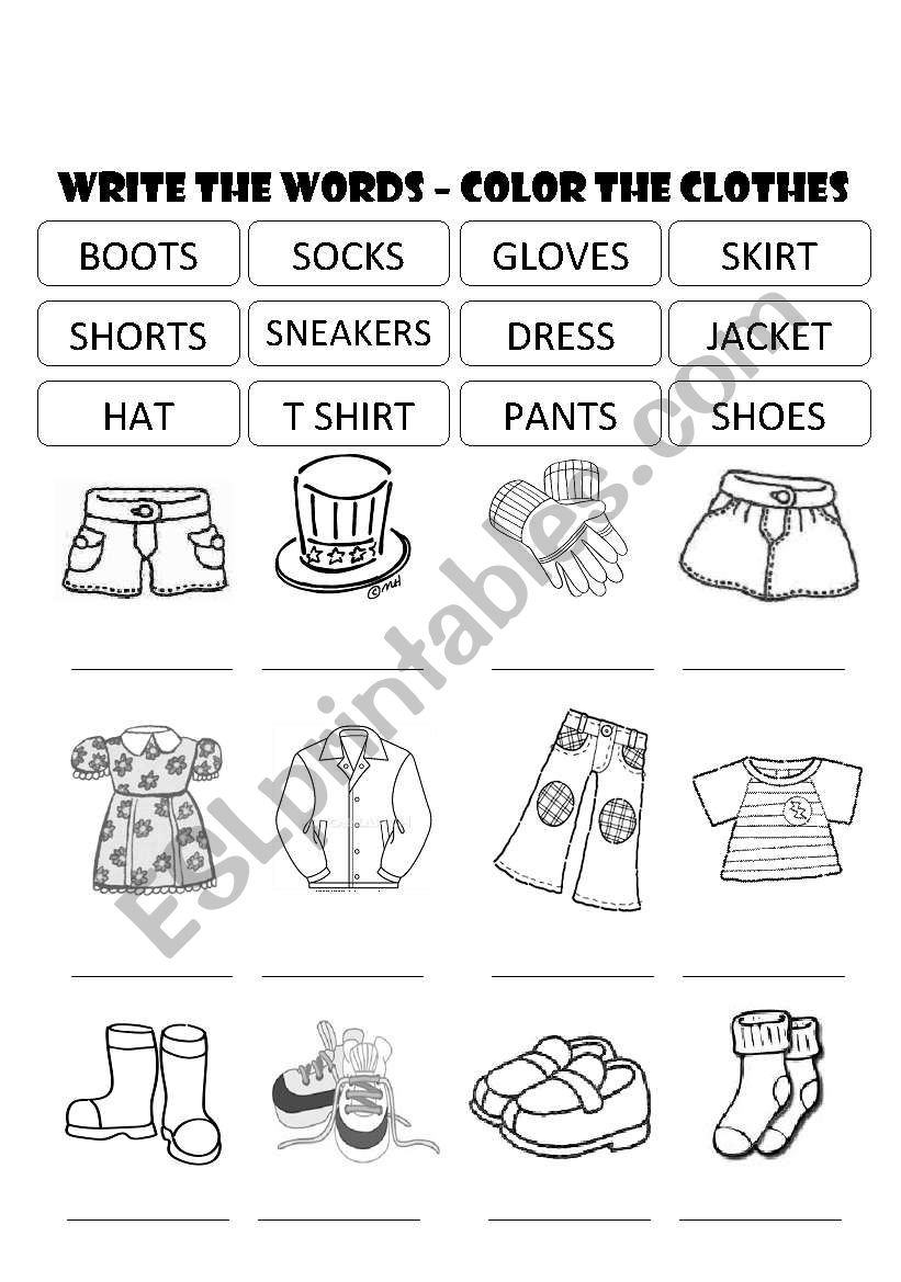 CLOTHES - WRITE THE WORDS AND COLOR THE PICTURES