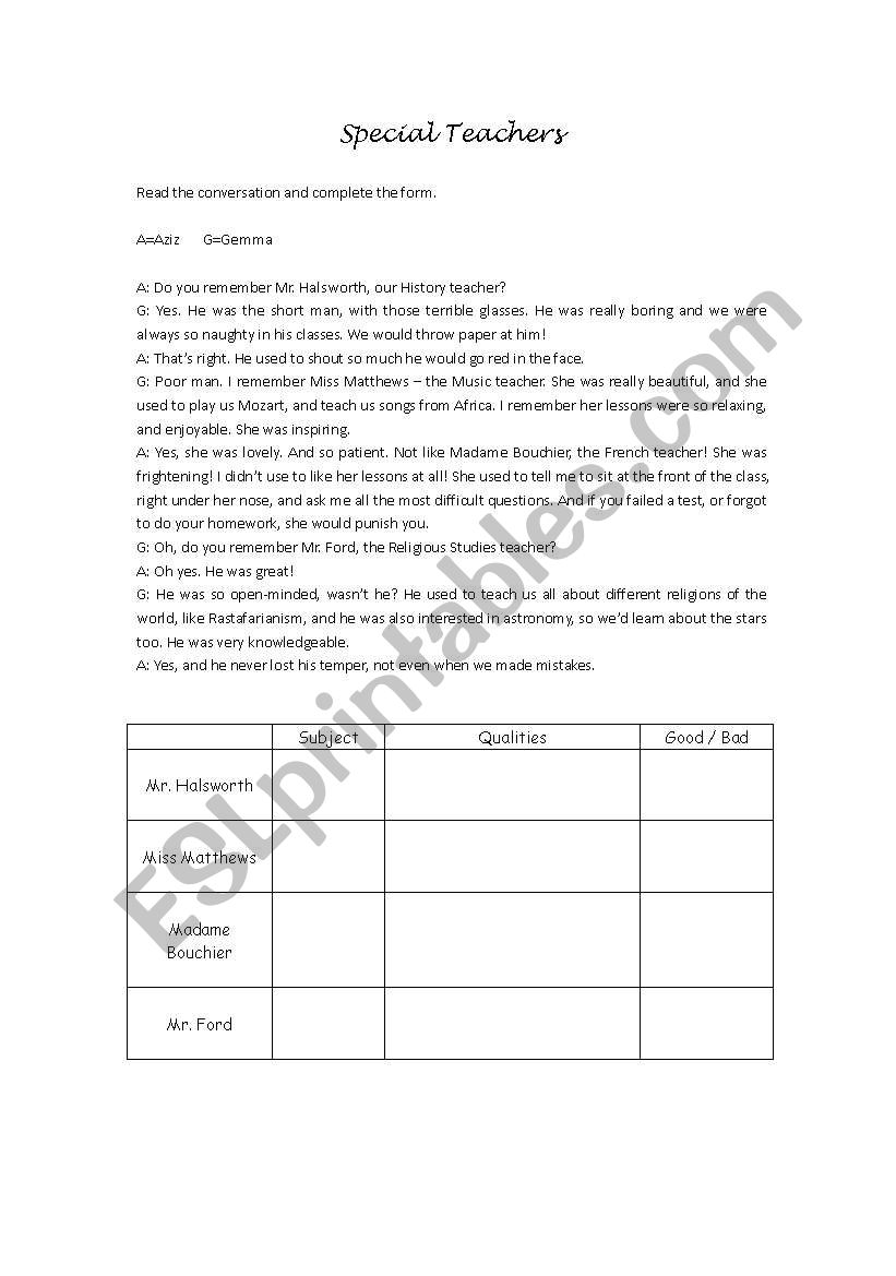 Special Teachers worksheet