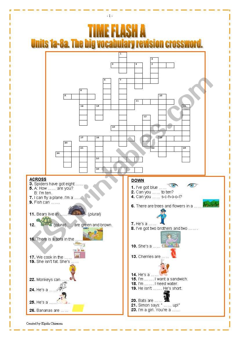 time flash a, units 1a-8a, the big vocabulary revision crossword