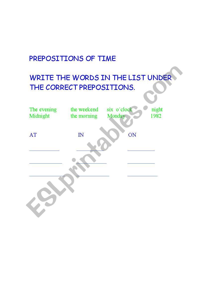 time prepositions worksheet