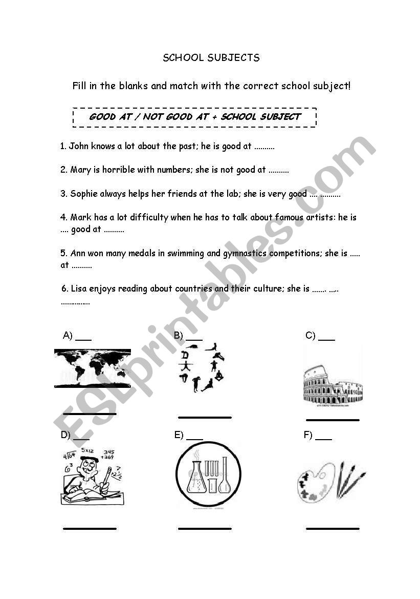 School subjects worksheet
