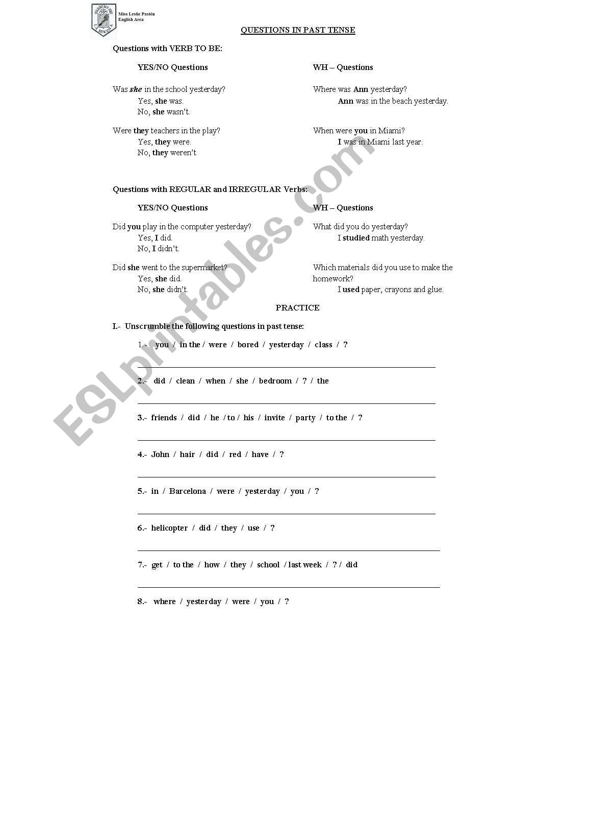 Questions in Past Tense worksheet