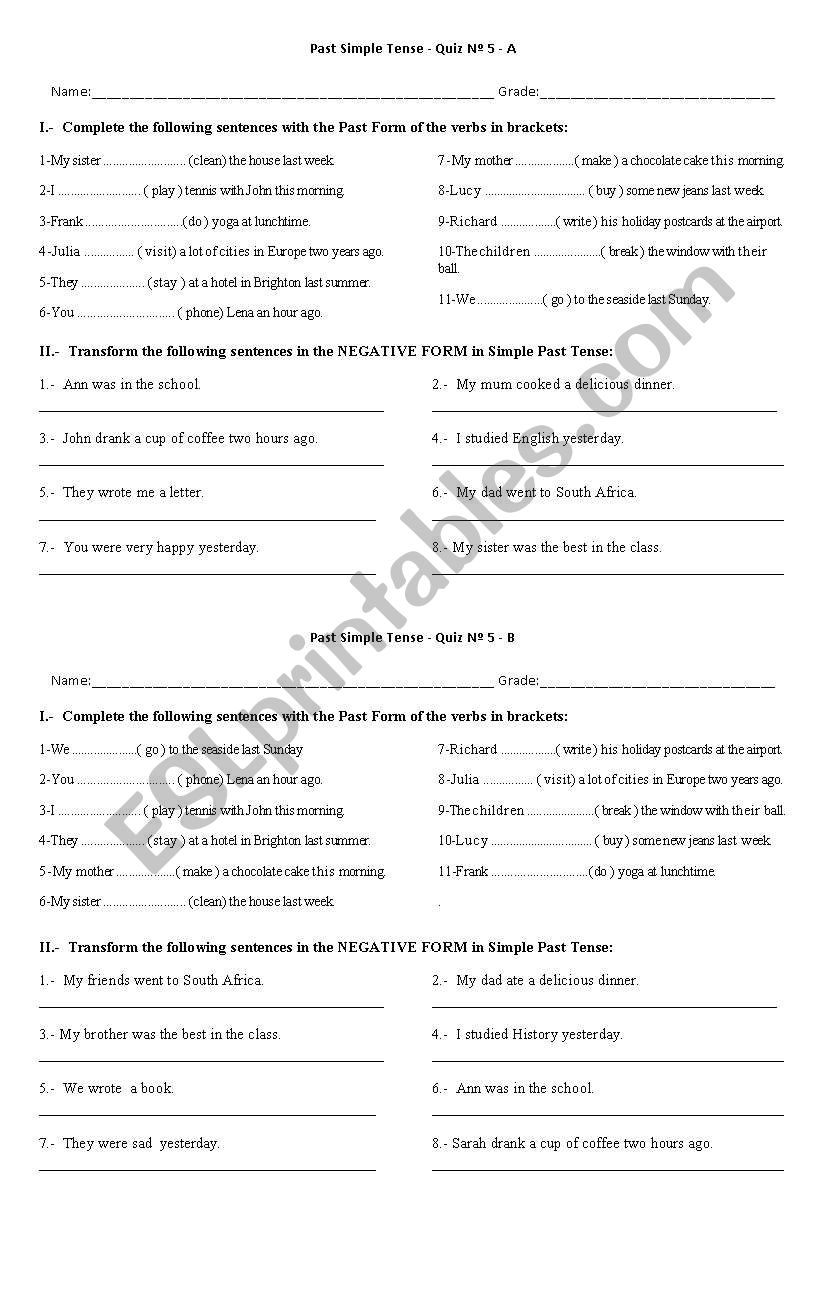 Past Tense Quiz worksheet