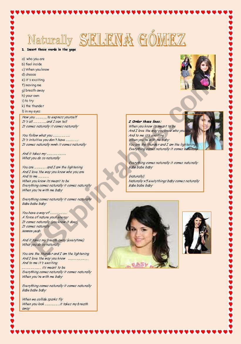 Naturally by Selena GÃ³mez worksheet