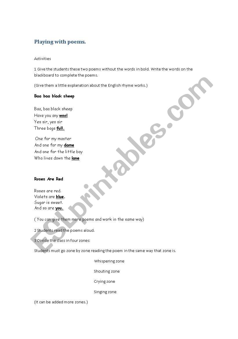 Playing with poems worksheet