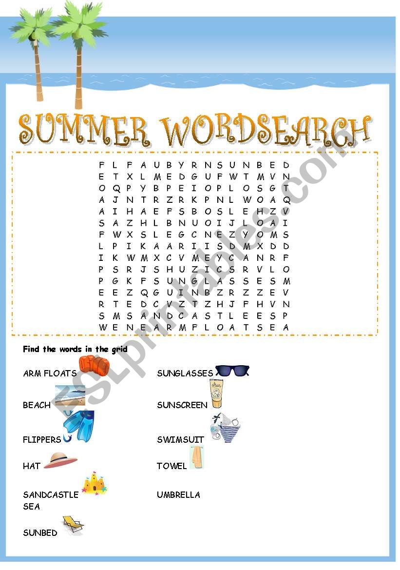 Summer wordsearch + key elementary