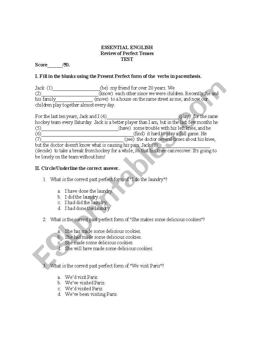 Perfect Tenses Review worksheet