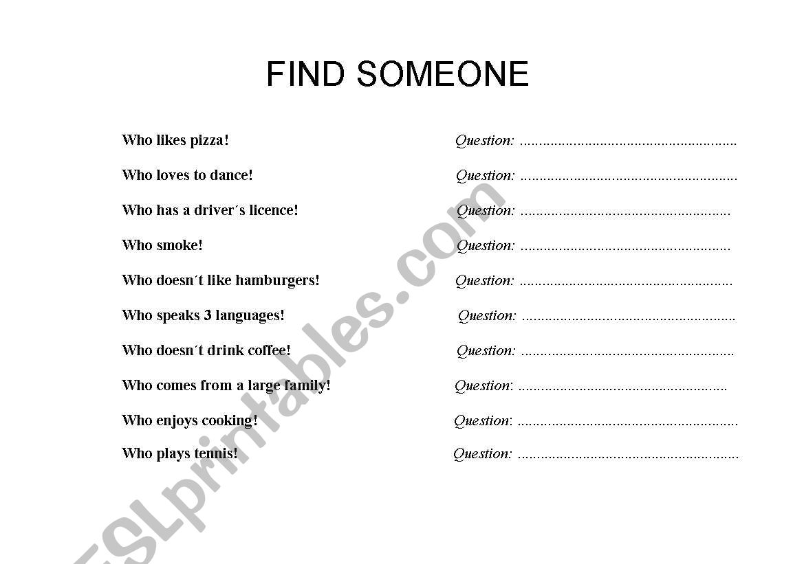 FIND SOMEONE worksheet