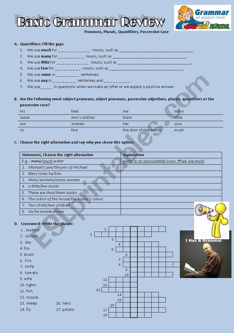 Basic Grammar Review - Quiz (elementary - key included)