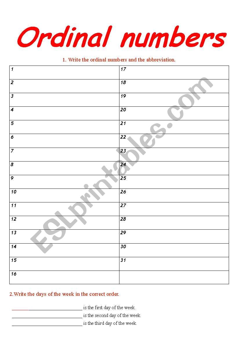 Ordinal Numbers worksheet