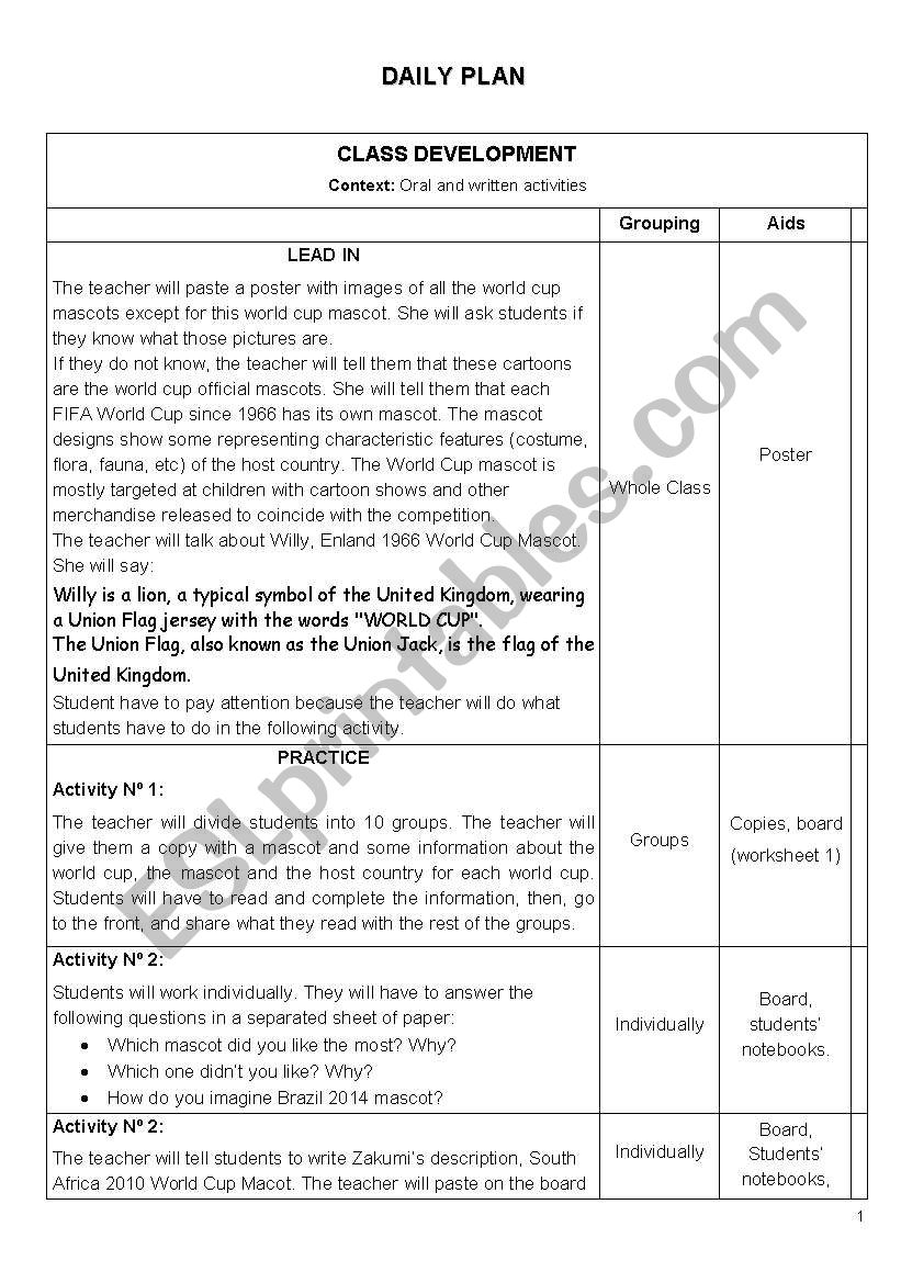 World Cup Mascots Daily Plan worksheet