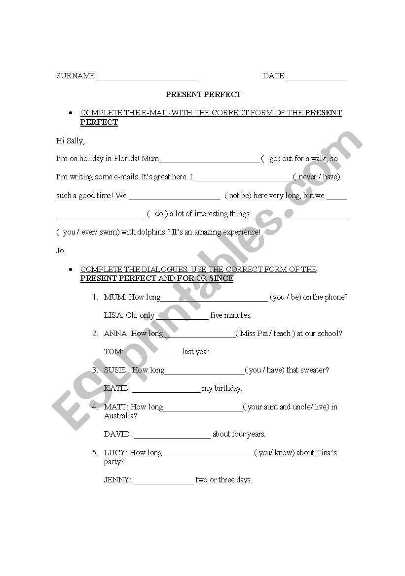 Revision of present perfect worksheet