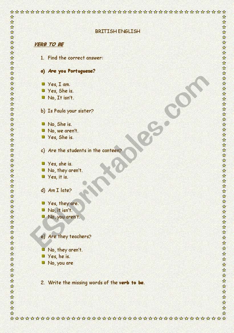 verb to be  worksheet