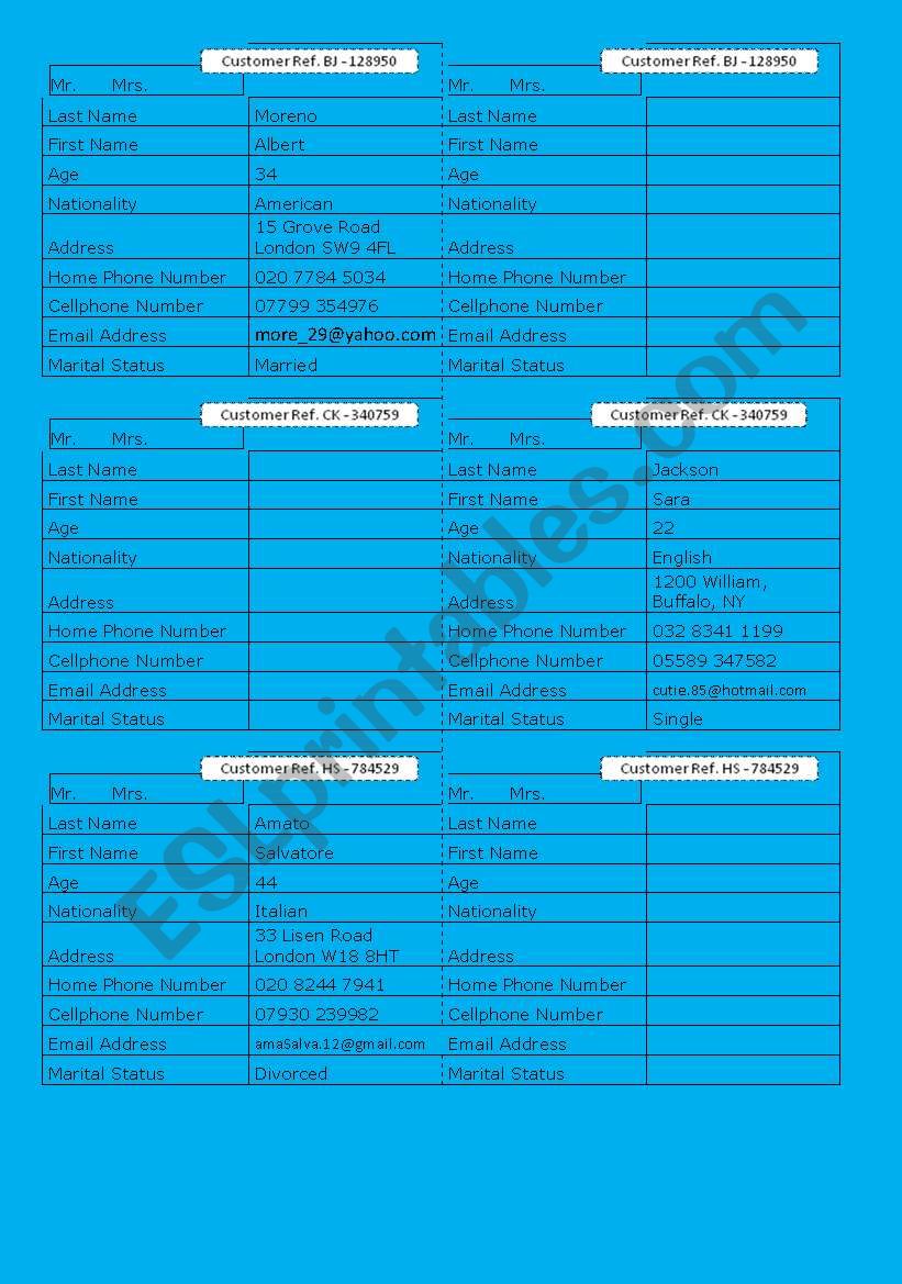 Personal Information questions- pair work