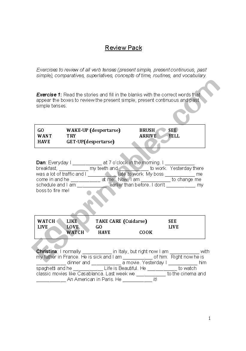 TWO PAGE REVIEW PACK: Present simple and continuous, past simple, comparatives, superlatives, and more!!