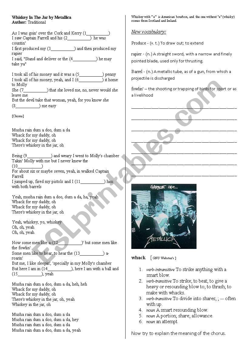 Metallica Whiskey in the Jar worksheet