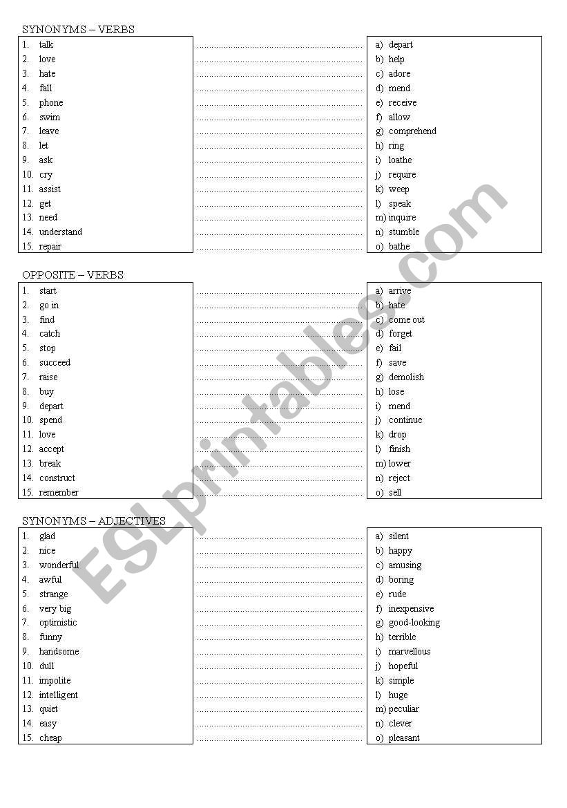 Synonyms- adjectives worksheet