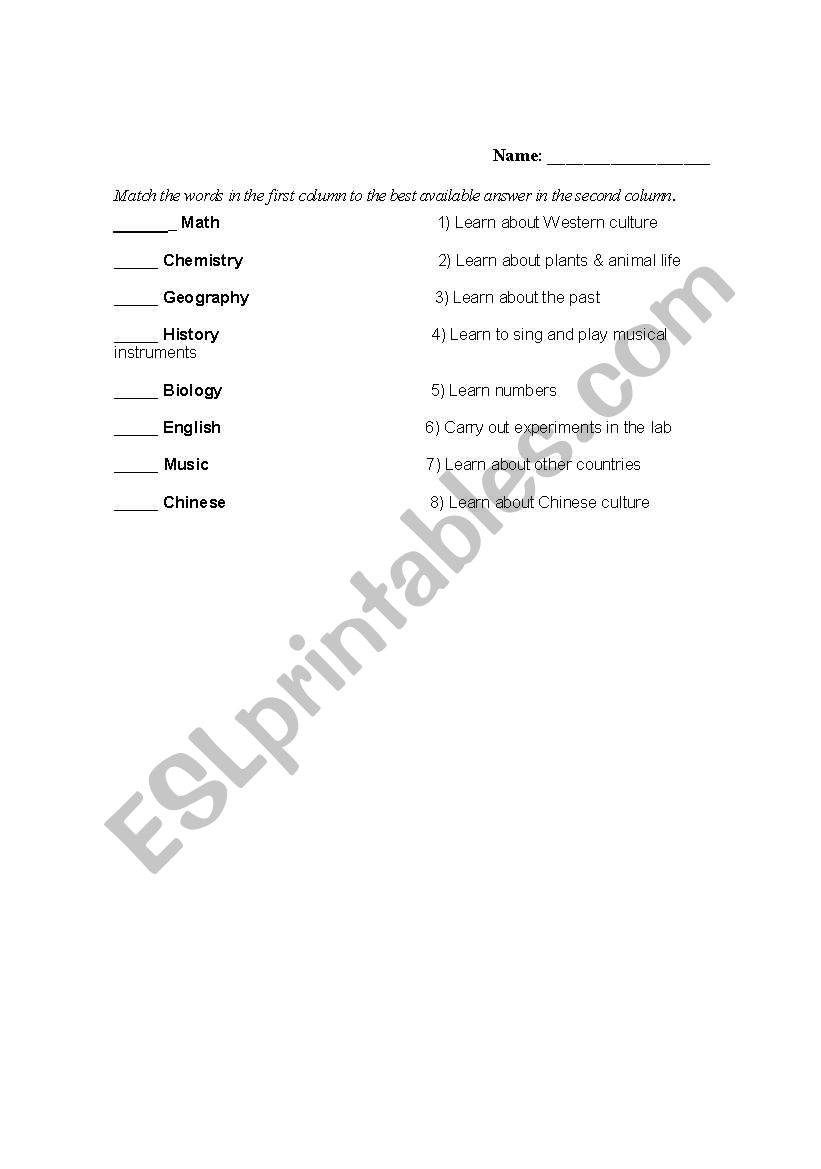 School Subjects Worksheet worksheet