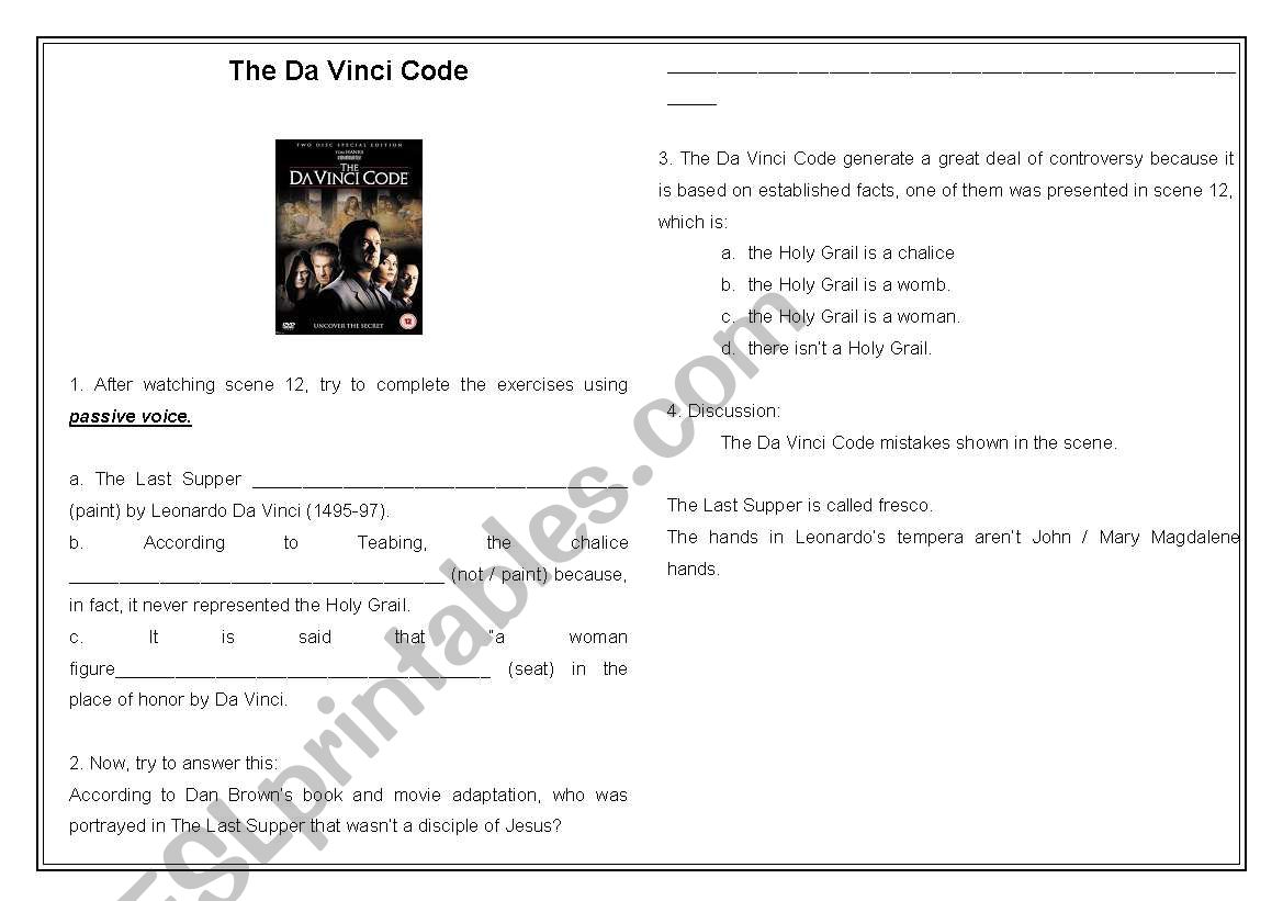 The Da Vinci Code scene 12 worksheet