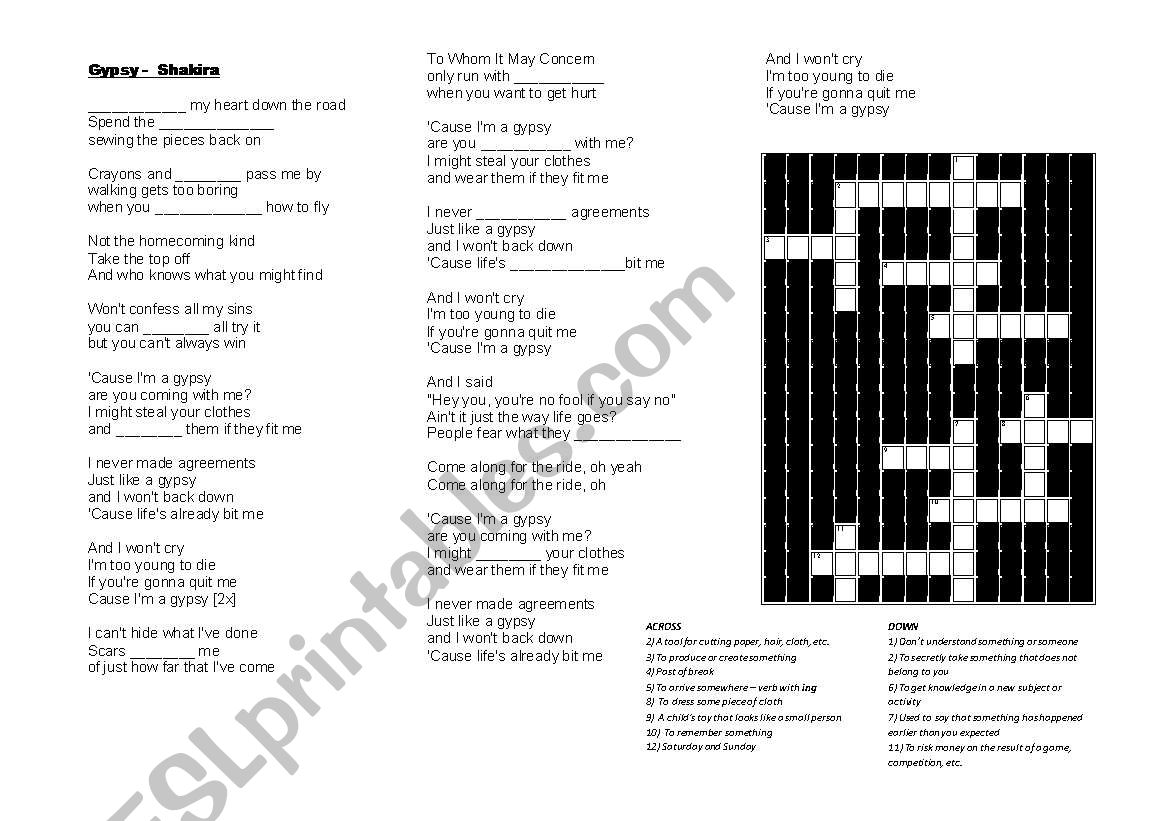 Gypsy - SHAKIRA worksheet