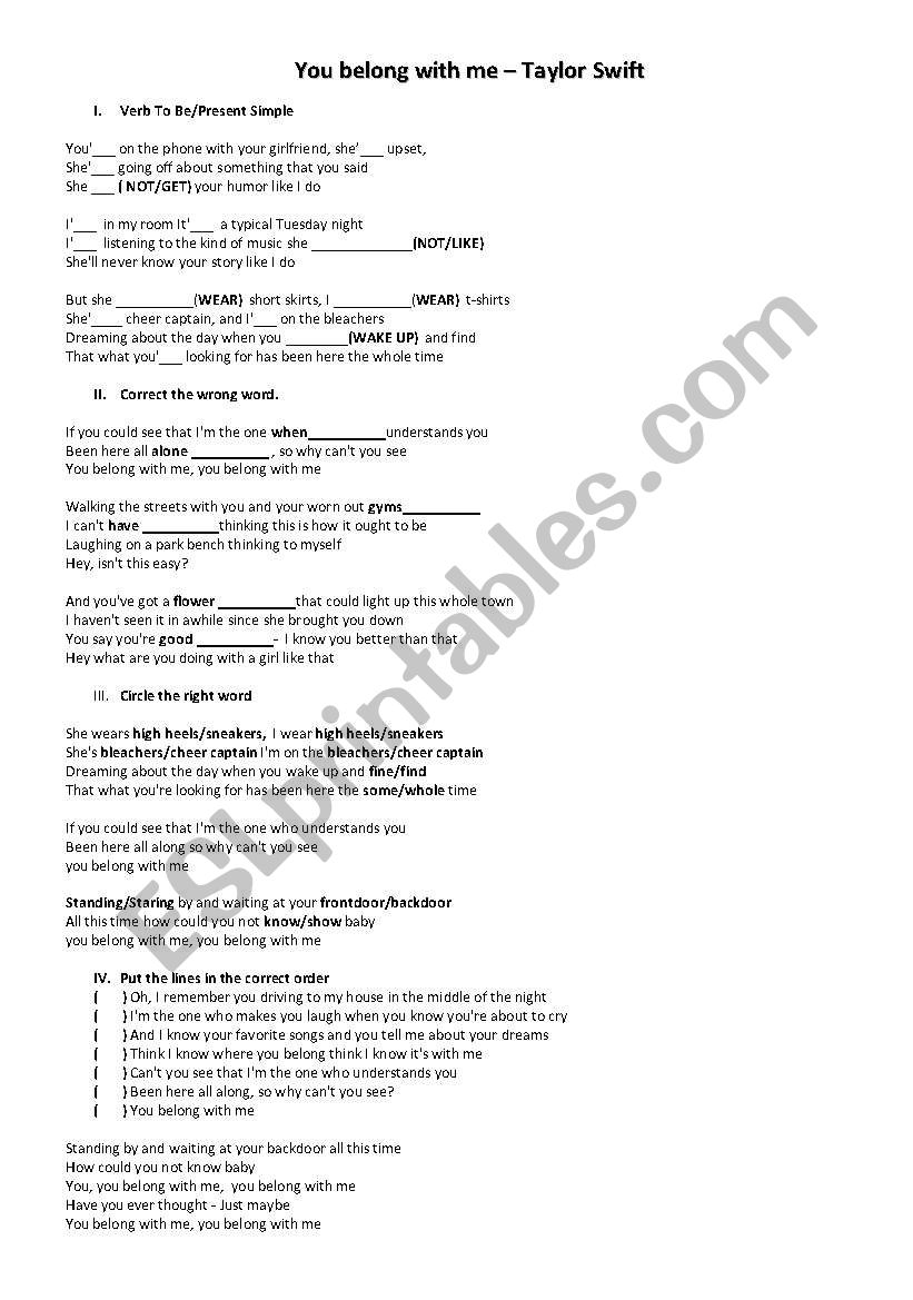 you belong with me worksheet