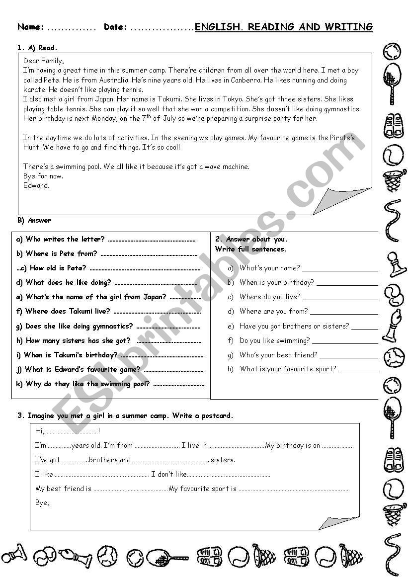 READING AND WRITING worksheet