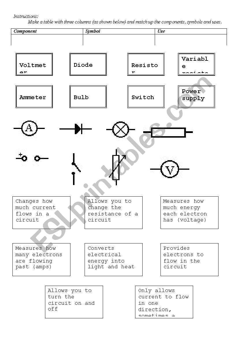 Electrical symbols match up worksheet