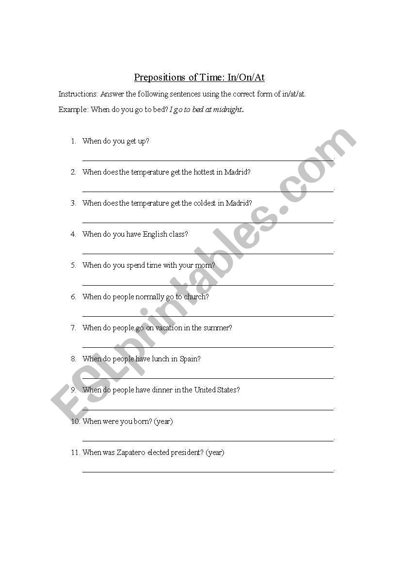 TWO PAGES Worksheet using PRESPOSITIONS OF TIME AT/IN/ON