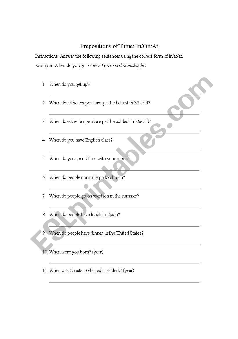 TWO PAGES Worksheet using PRESPOSITIONS OF TIME AT/IN/ON