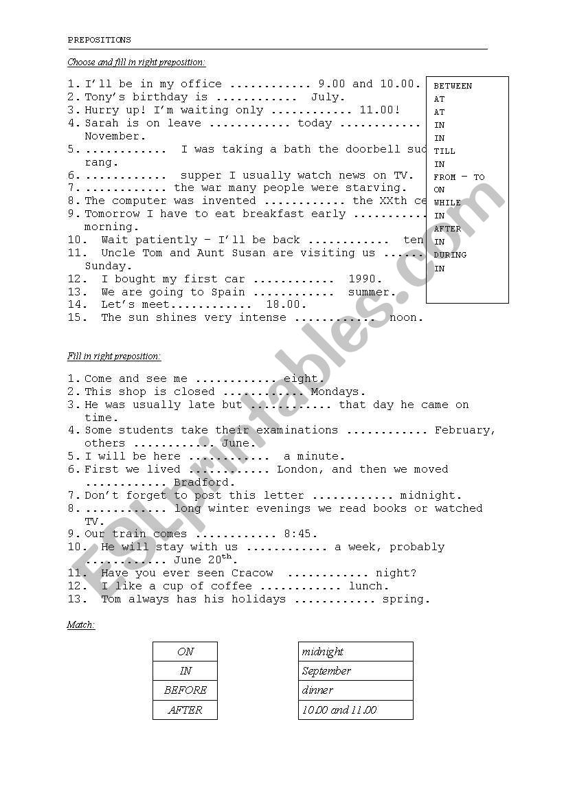 Prepositions worksheet