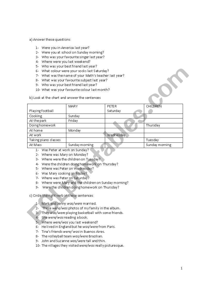 Past Simple verb TO BE worksheet