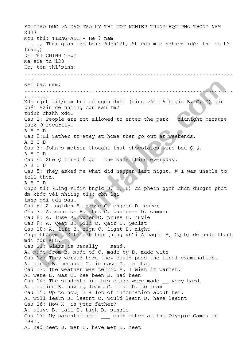 Final test for intermediate level