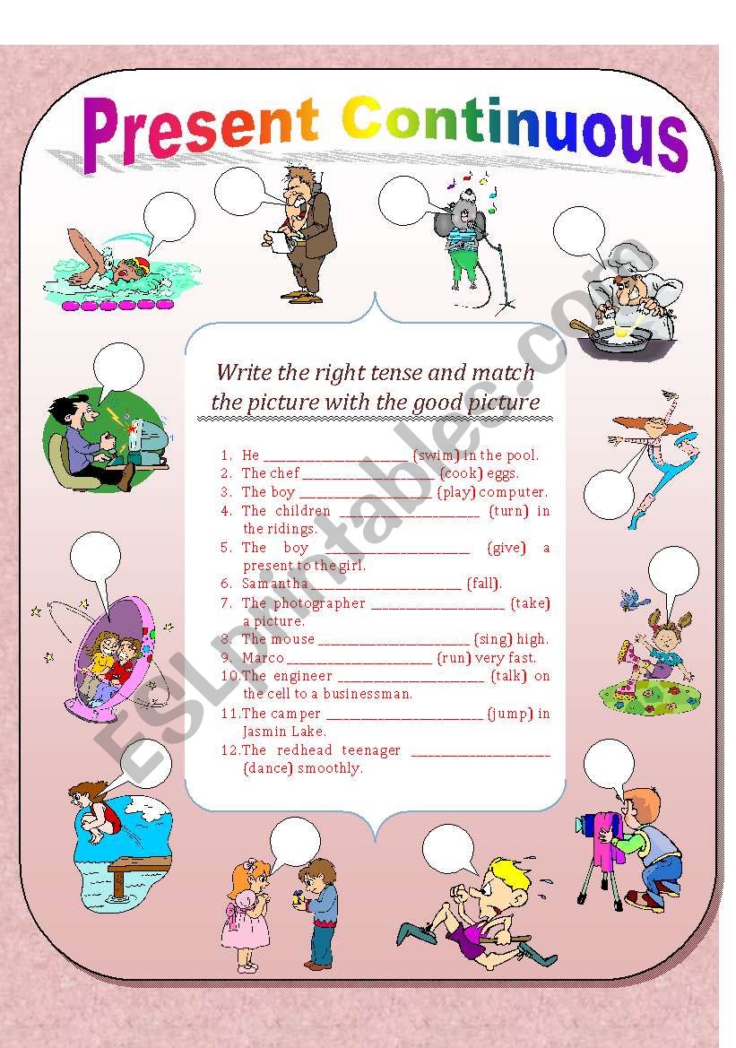 Present continuous exercice matching with pictures