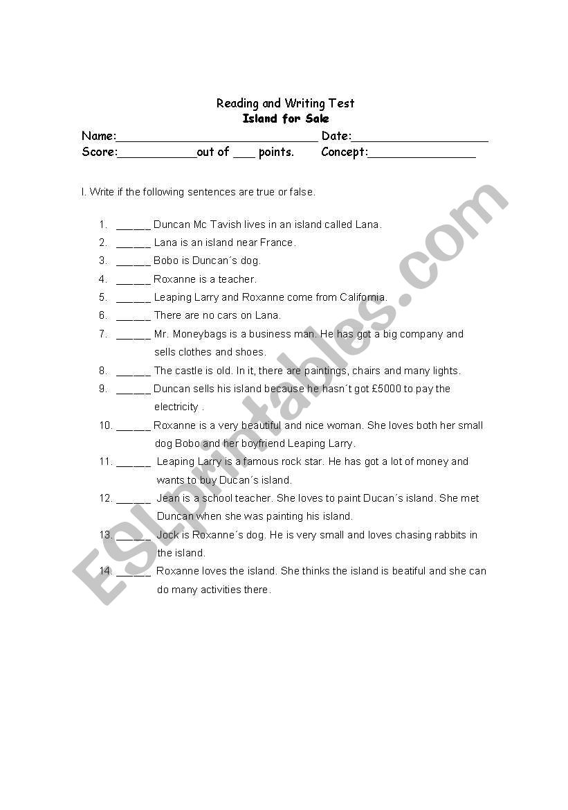 Reading Comprehension Test worksheet