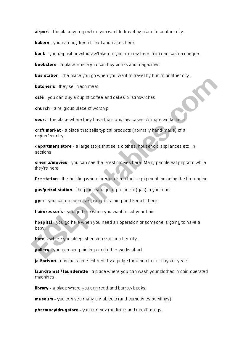 places in the city worksheet