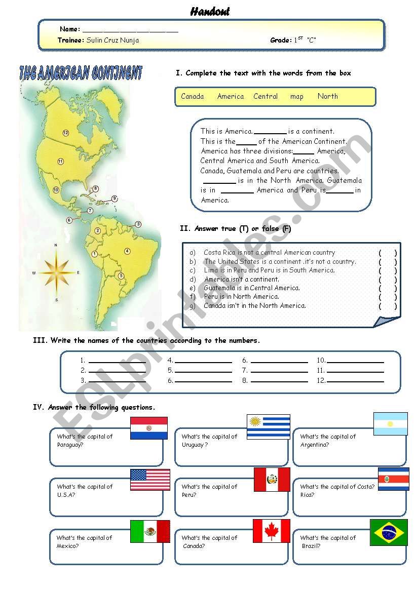 american continent worksheet