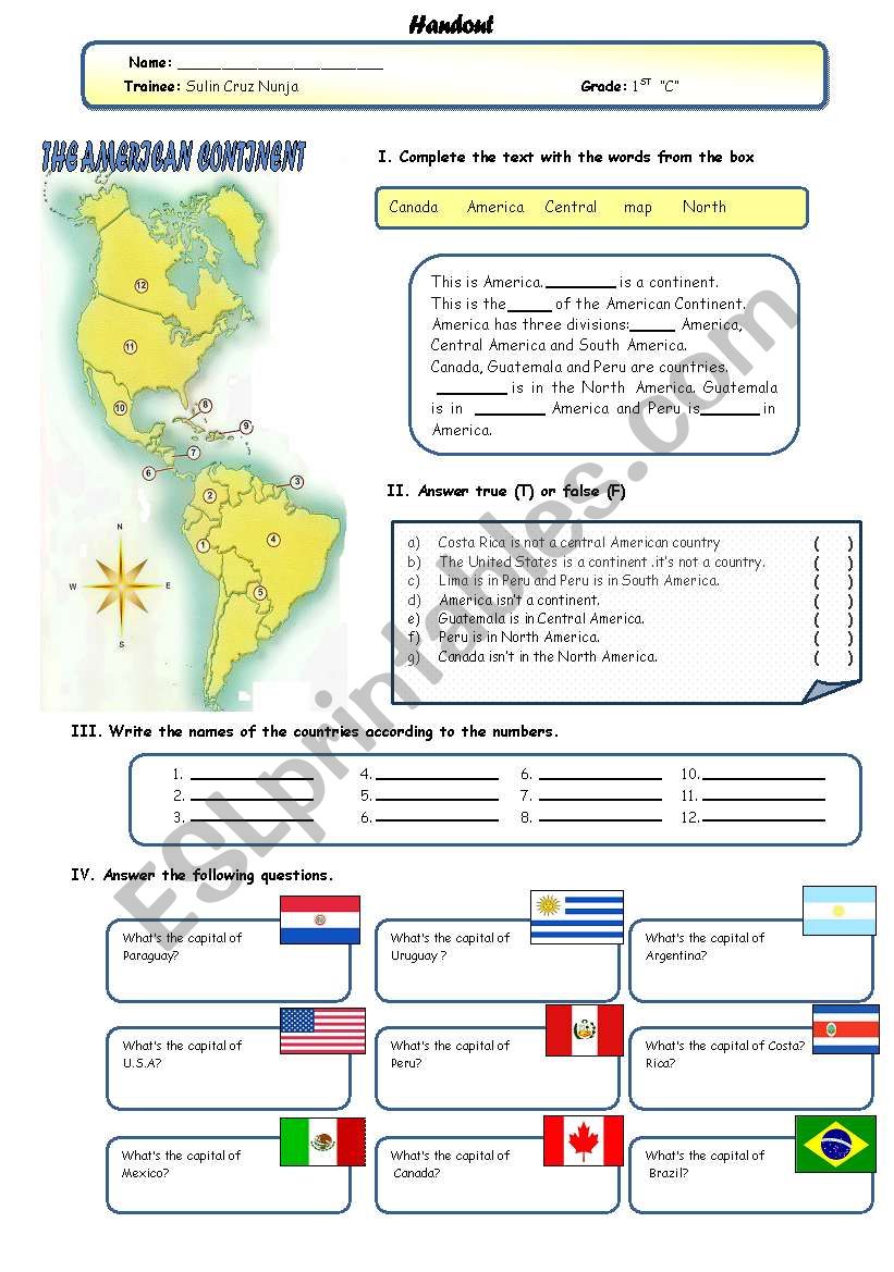 american continent worksheet