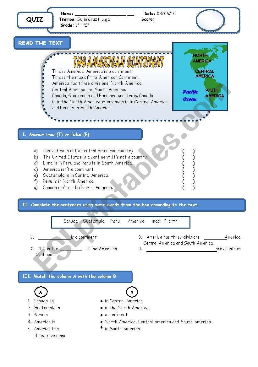 american continent worksheet