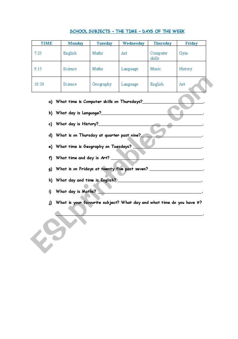 school subjects - the time - days of the week