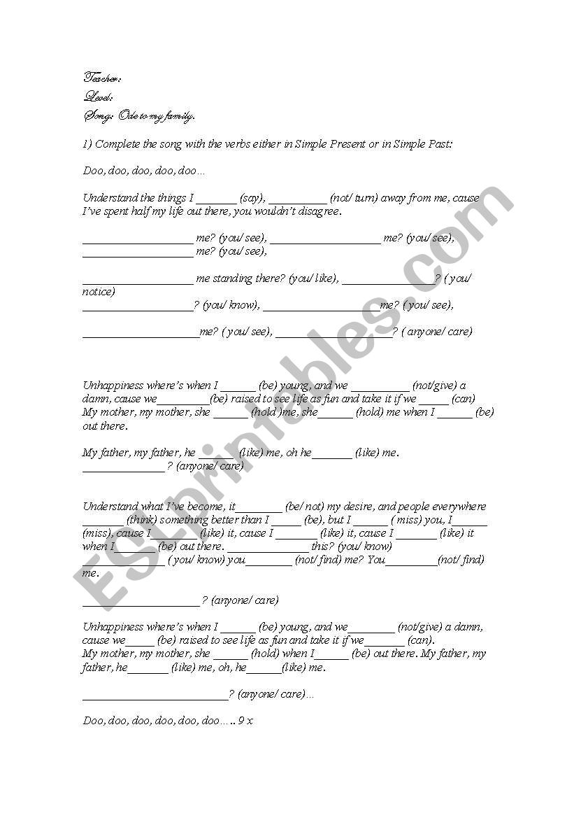 Song: Ode to my family/ Simple Past