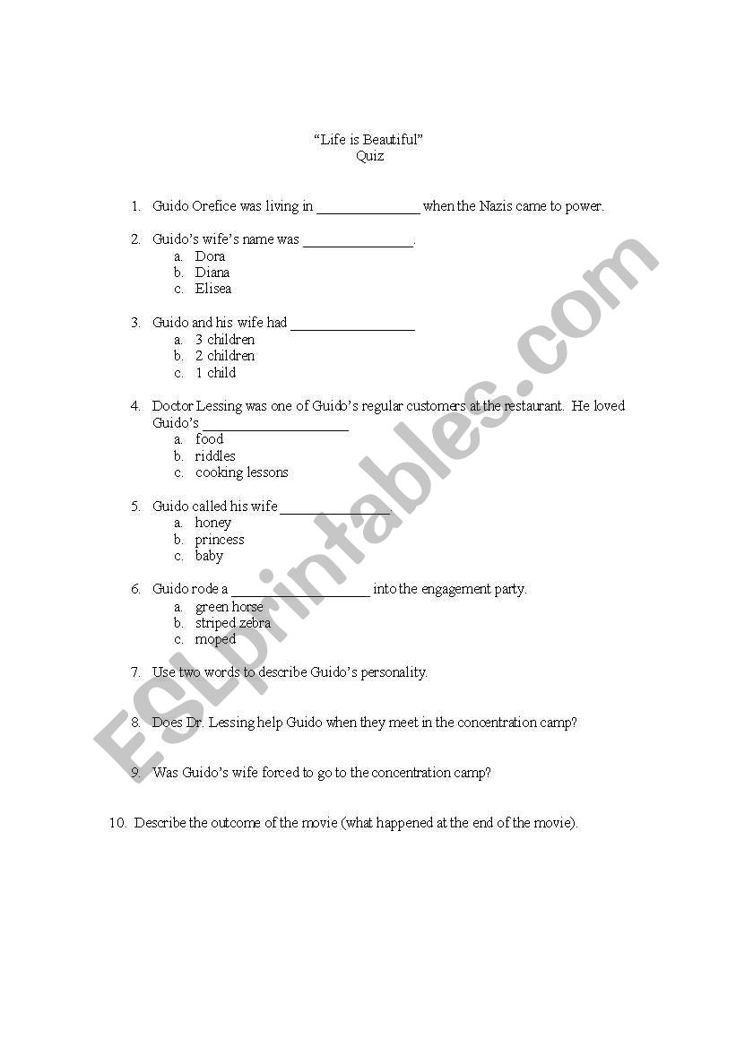 Life is Beautiful quiz worksheet