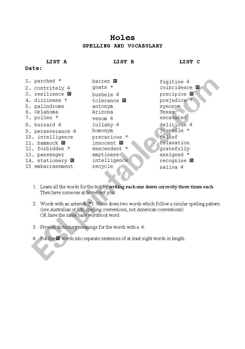 Holes by Louis Sachar - spelling list