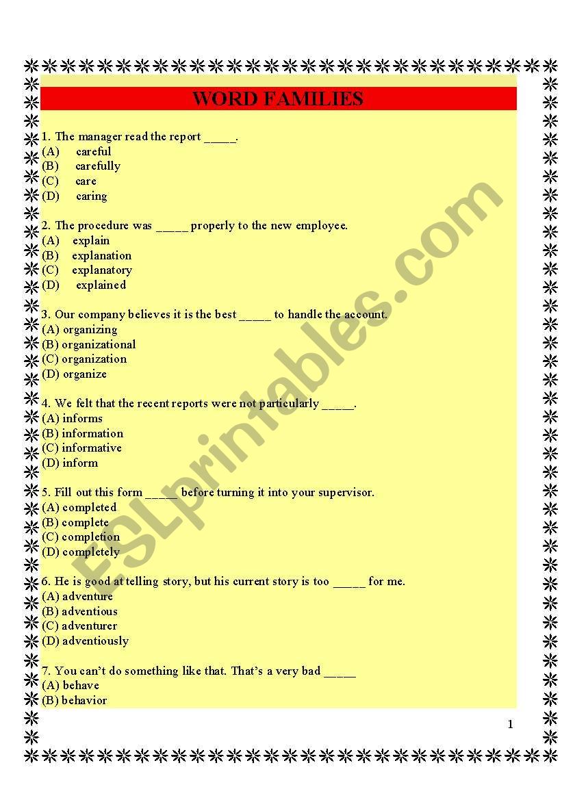 Words family worksheet