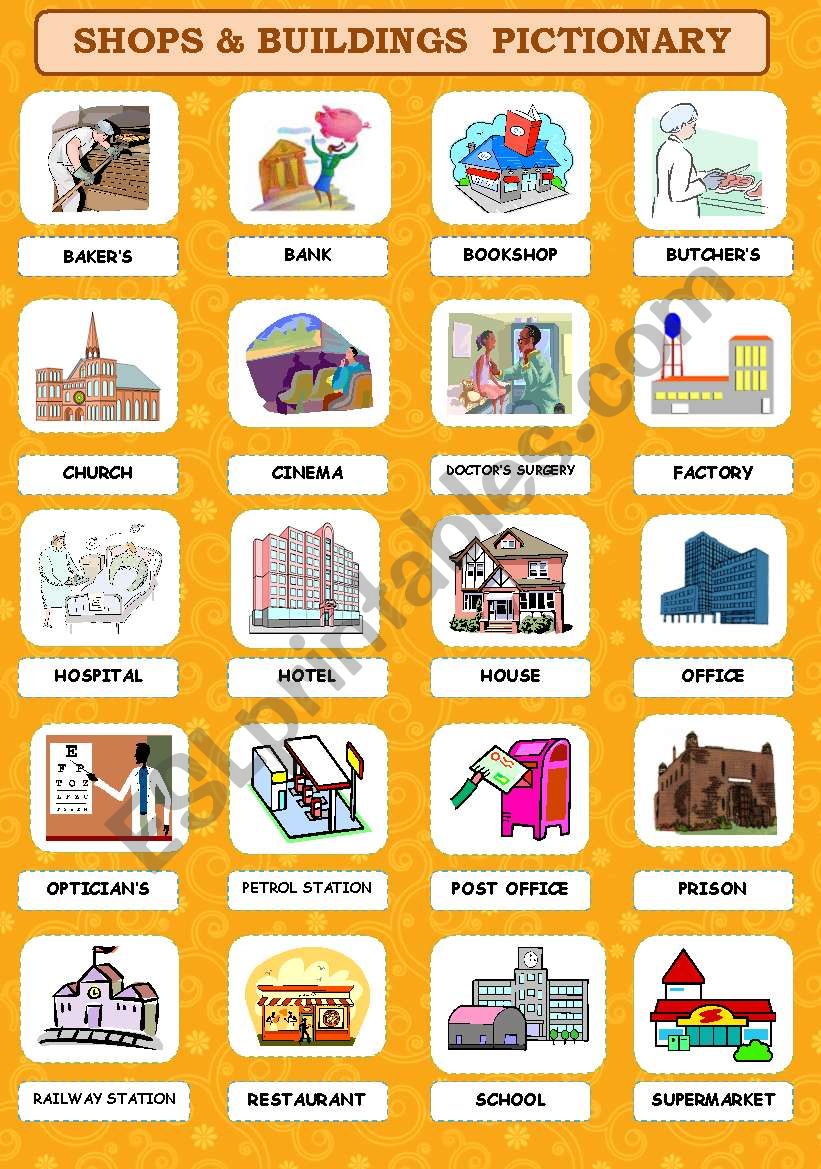 SHOPS & BUILDINGS  PICTIONARY worksheet