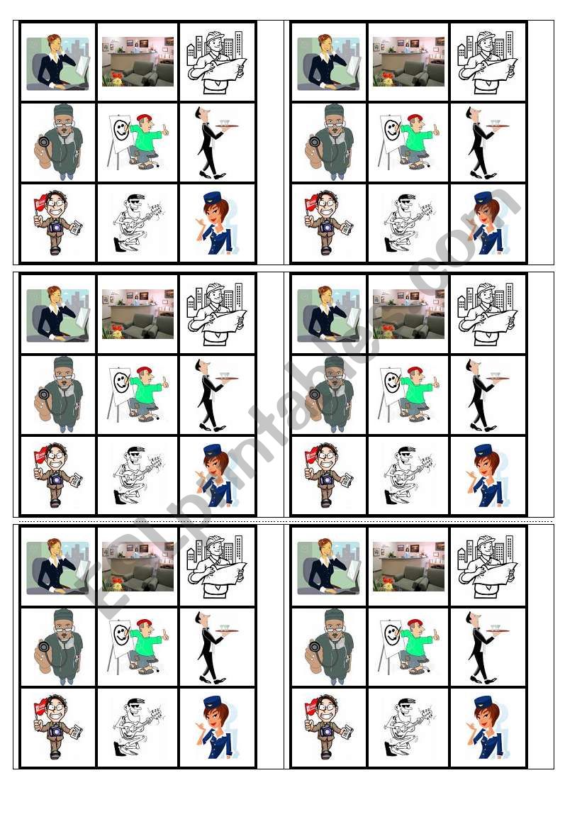 Jobs Bingo cards worksheet