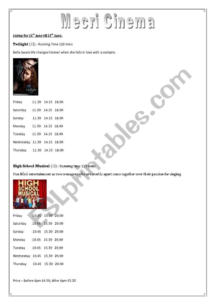 Cinema Times worksheet