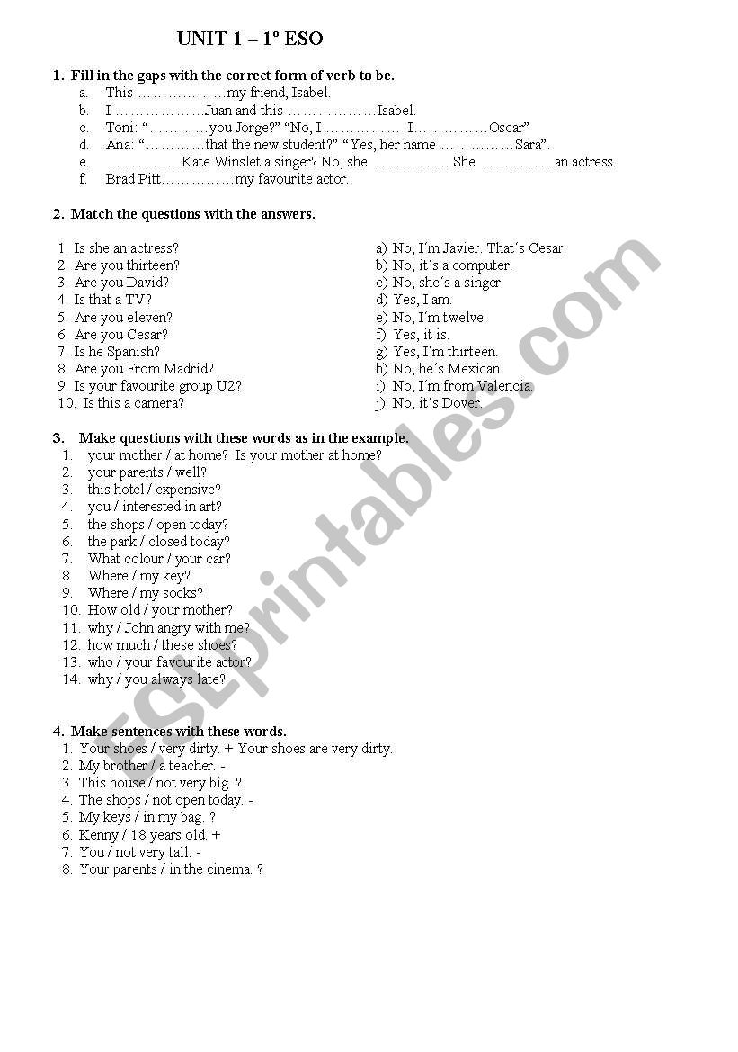 verb to be worksheet