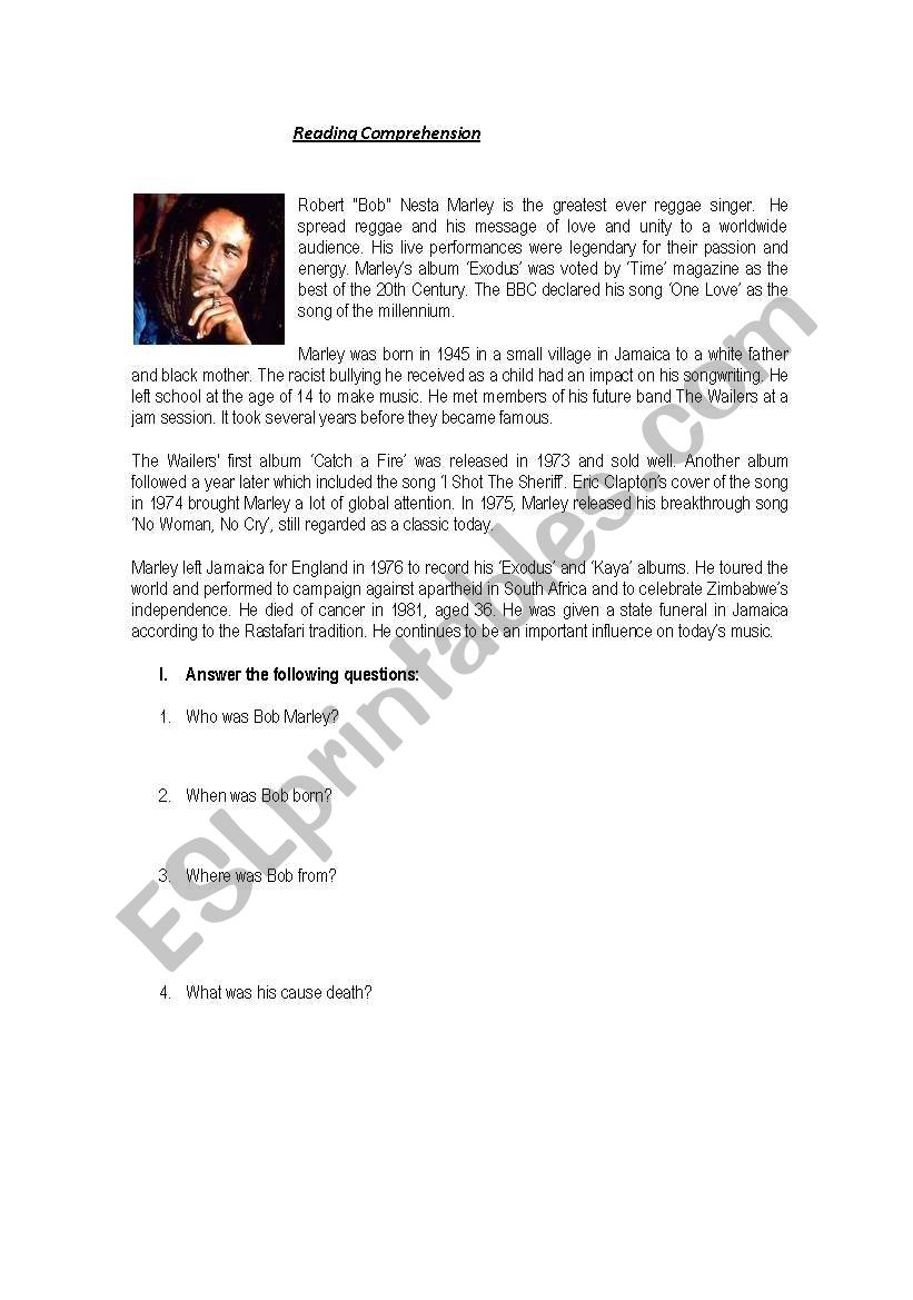 BOB MARLEY  worksheet