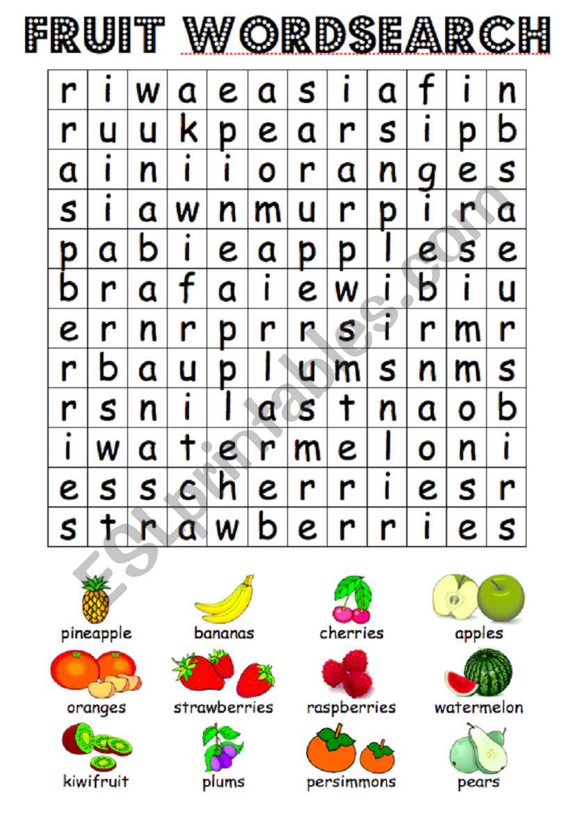 Fruit wordsearch worksheet